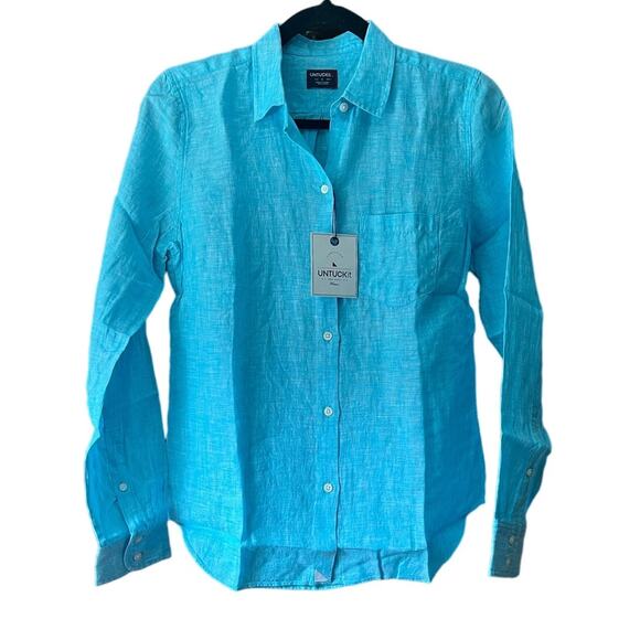 NWT Untuckit Women's Linen Button Up Classic Blush Aqua Shirt Long Sleeve Size 0 - Picture 1 of 11